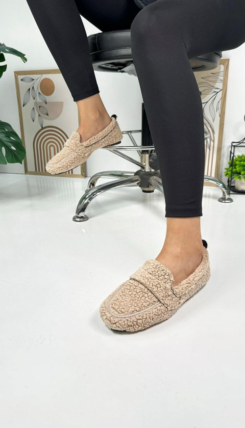 Günlük Kadın Loafer Peluş Astarlı Oval Burunlu Alçak Desenli Tabanlı Ayakkabı 375