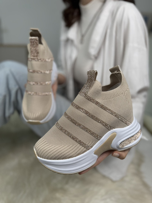 Günlük Triko Kadın Sneaker Gizli Topuk Taşlı Oval Burun Rahat Kalıp Nefes Alabilen Spor Ayakkabı 271