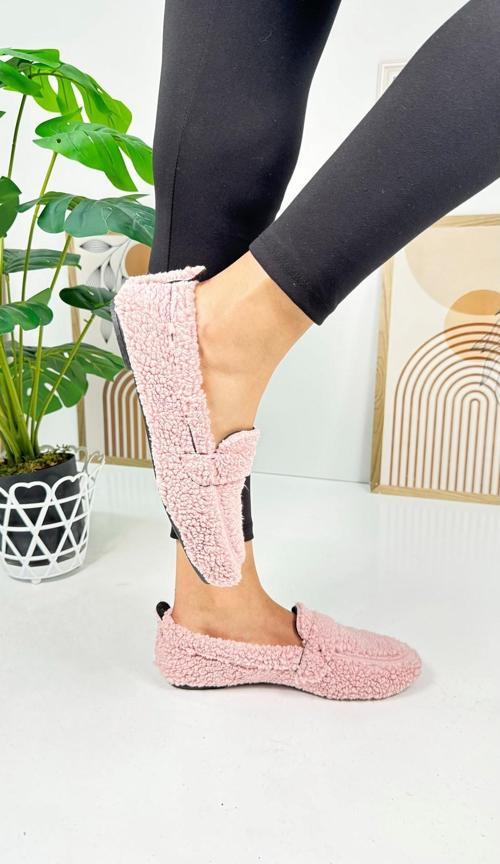 Günlük Kadın Loafer Peluş Astarlı  Oval Burunlu Alçak Desenli Tabanlı Ayakkabı 375