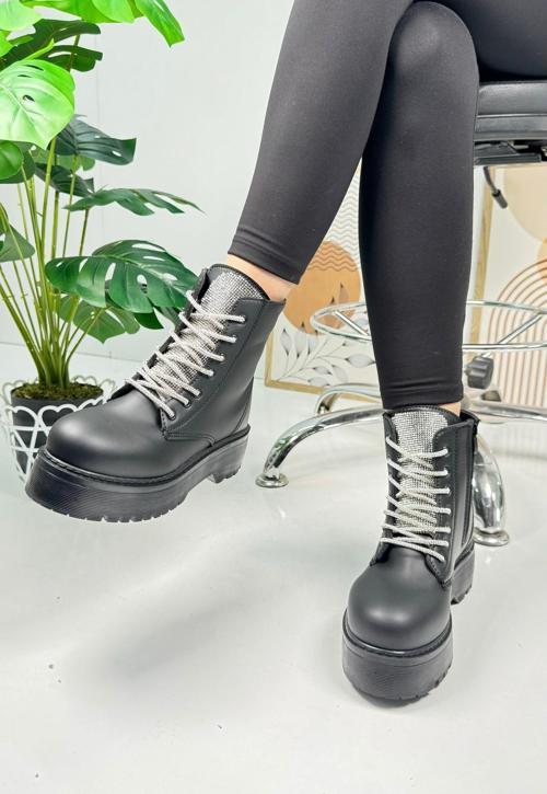 Günlük Kadın Bot Taşlı Bağcıklı Kalın Yüksek Tabanlı Yumuşak Hafif Rahat Bootie 1071