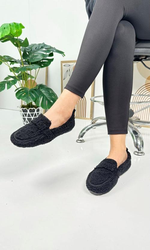 Günlük Kadın Loafer Peluş Astarlı  Oval Burunlu Alçak Desenli Tabanlı Ayakkabı 375