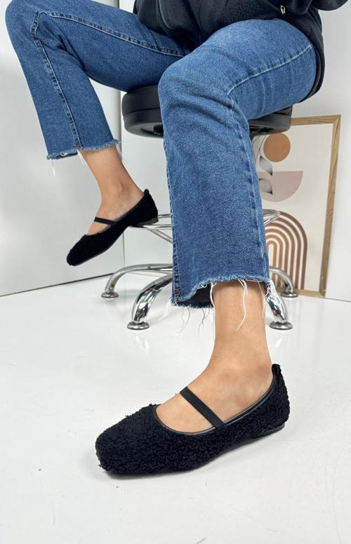 Günlük Kadın Babet Peluş Lastikli Oval Burunlu Alçak Topuklu Tırtıklı Tabanlı Ayakkabı 369