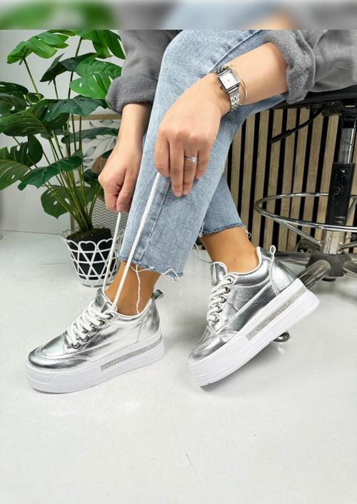 Günlük Kadın Sneaker Gizli Kalın Topuklu  Taş Detaylı  Oval Burun Bağcıklı Spor Ayakkabı F70 