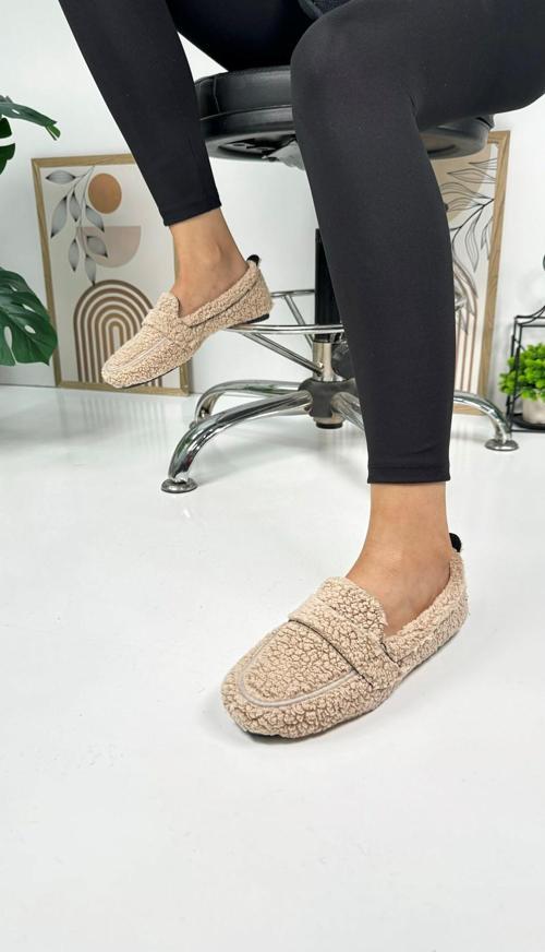 Günlük Kadın Loafer Peluş Astarlı  Oval Burunlu Alçak Desenli Tabanlı Ayakkabı 375