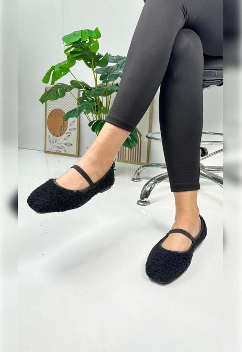 Günlük Kadın Babet Peluş Lastik Detaylı Oval Burunlu Rahat Hafif Ayakkabı 373