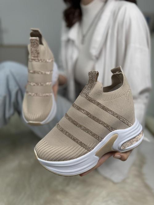Günlük Triko Kadın Sneaker Gizli Topuk Taşlı Oval Burun Rahat Kalıp Nefes Alabilen Spor Ayakkabı 271