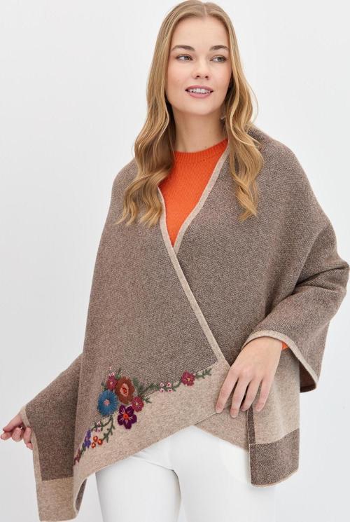 Kadın Çiçek İşlemeli Triko Şal 23154 K. Bej