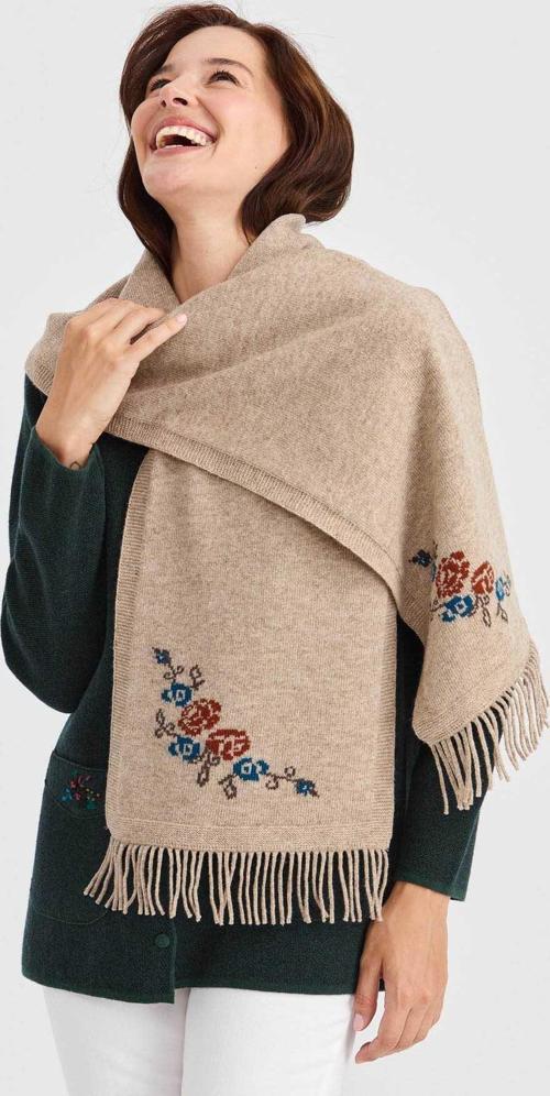 Kadın Kenarı Çiçekli Yün Kaşkol 23223 K. Bej