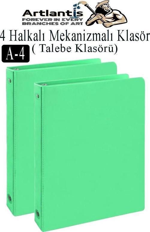 Açık Yeşil 4 Halkalı Klasör 2 Adet A4 PVC Öğrenci ve Ofis Tipi Evrak Sunum Klasörü İç Cepli Otomatik Mekanizmalı Büro