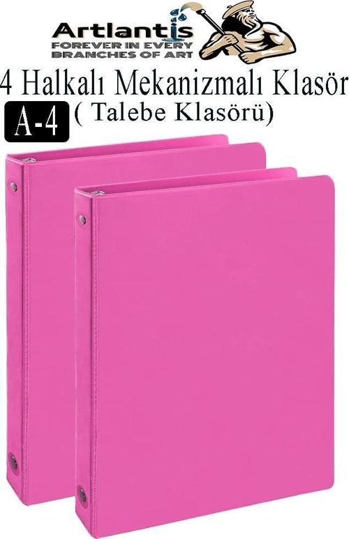 Pembe 4 Halkalı Klasör 2 Adet A4 PVC Öğrenci ve Ofis Tipi Evrak Sunum Klasörü İç Cepli Otomatik Mekanizmalı Büro