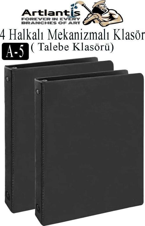 Siyah 4 Halkalı Klasör 2 Adet A5 PVC Öğrenci ve Ofis Tipi Evrak Sunum Klasörü İç Cepli Otomatik Mekanizmalı Büro Okul