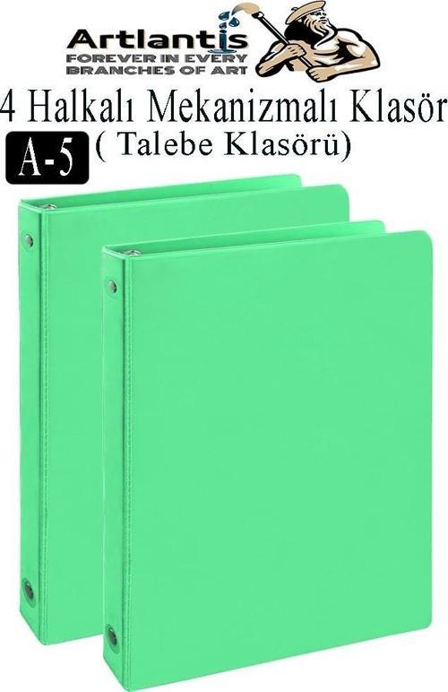 Açık Yeşil 4 Halkalı Klasör 2 Adet A5 PVC Öğrenci ve Ofis Tipi Evrak Sunum Klasörü İç Cepli Otomatik Mekanizmalı Büro