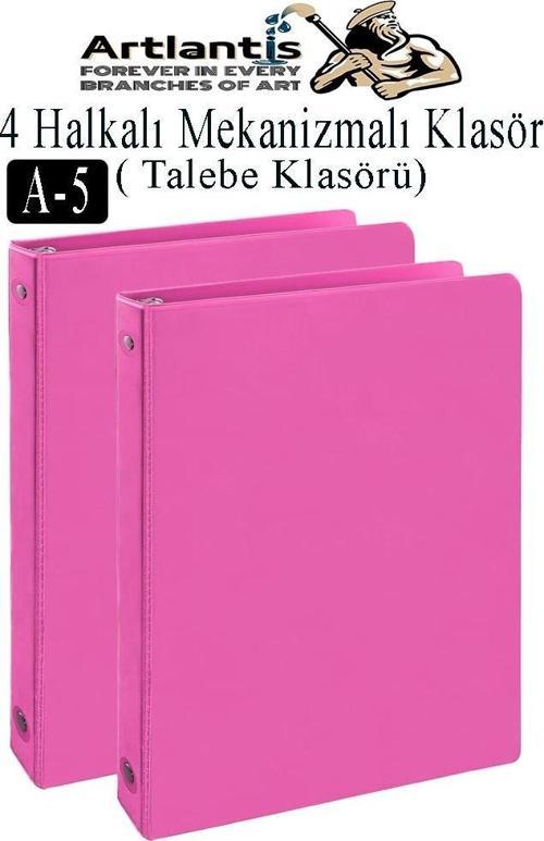 Pembe 4 Halkalı Klasör 2 Adet A5 PVC Öğrenci ve Ofis Tipi Evrak Sunum Klasörü İç Cepli Otomatik Mekanizmalı Büro
