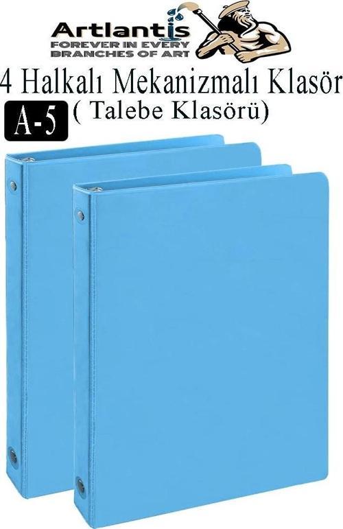 Açık Mavi 4 Halkalı Klasör 2 Adet A5 PVC Öğrenci ve Ofis Tipi Evrak Sunum Klasörü İç Cepli Otomatik Mekanizmalı Büro