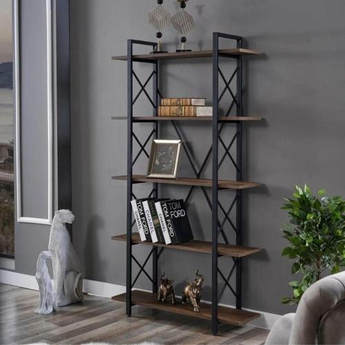 5'Li Çapraz Metal Masif Ahşap Kitaplık