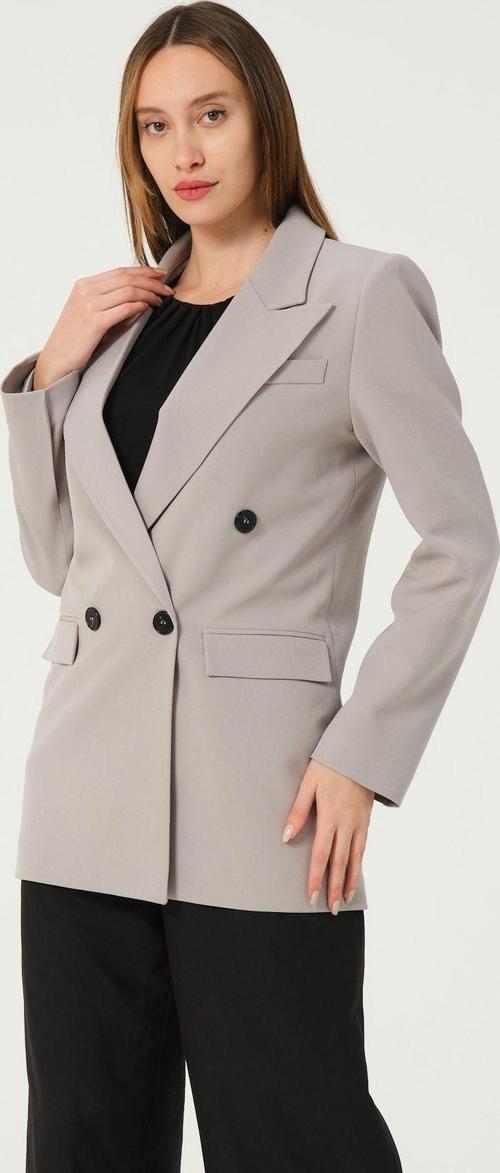 Gri Regular Astarlı Kruvaze Kapama Dokuma Oversize Blazer Ceket