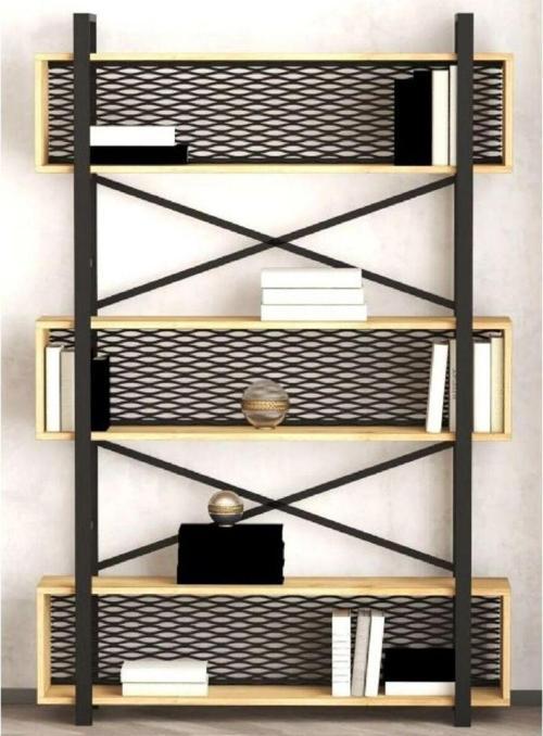 Plüton Izgaralı Metal Ahşap Kitaplık