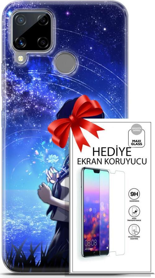 Realme C15 Kılıf Orijinal Seri Fantasy 01 Çiçekli Kız Telefon Kılıfı + Ekran Koruyucu