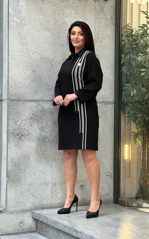 Büyük Beden Özel Tasarım Taşlı Şerit Detaylı Şık Elbise