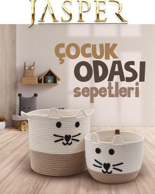 Bej İkili Jüt İp Kedi Tasarımlı Çok Amaçlı Çocuk Odası Oyuncak Kıyafet Kirli Sepeti Organizer