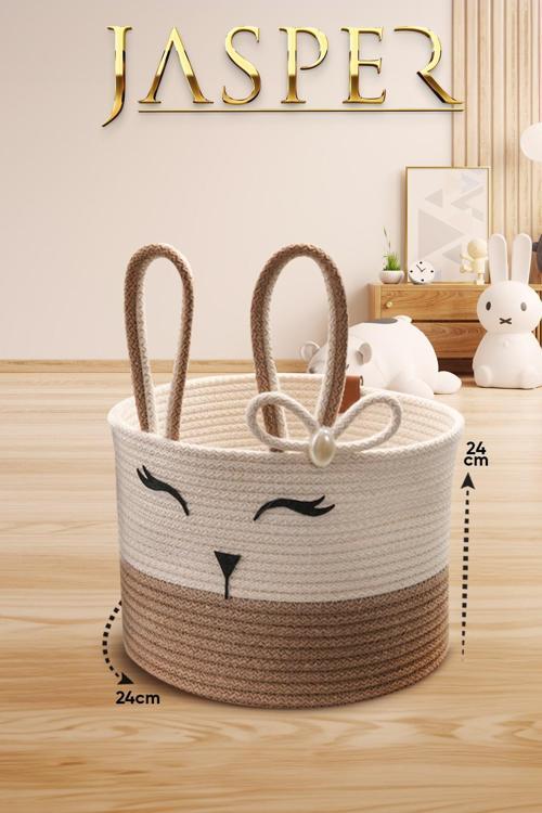 Bej Tekli Jüt İp Tavşan Tasarımlı Çok Amaçlı Çocuk Odası Oyuncak Kıyafet Kirli Sepeti Organiz