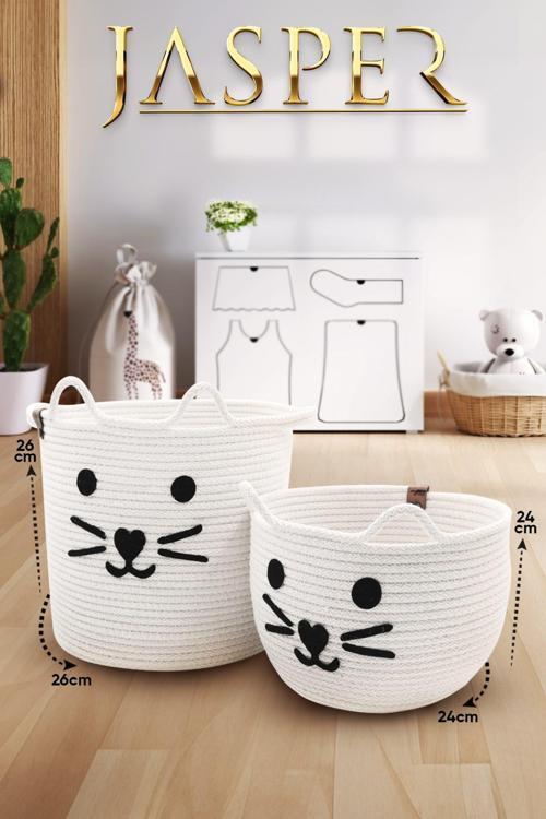 Beyaz İkili Jüt İp Kedi Tasarımlı Çok Amaçlı Çocuk Odası Oyuncak Kirli Sepeti Organizer