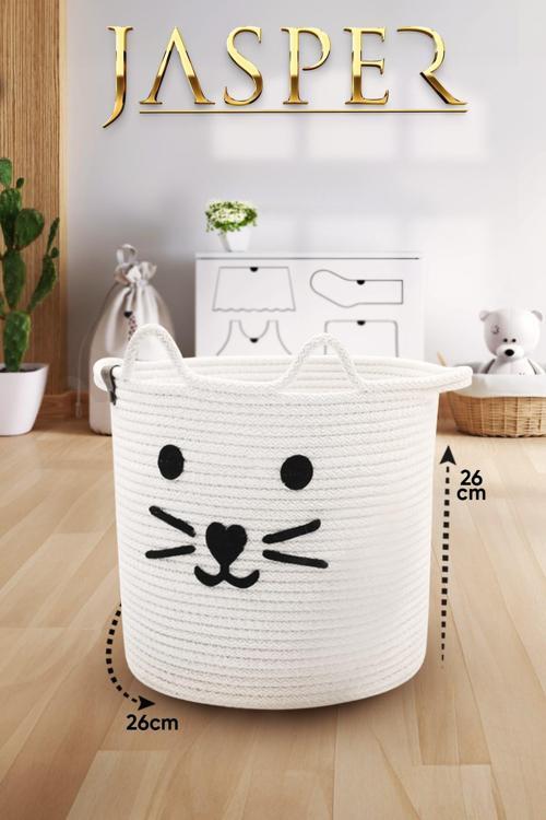 Beyaz Tekli Jüt İp Kedi Tasarımlı Çok Amaçlı Çocuk Odası Oyuncak Kıyafet Kirli Sepeti Organiz