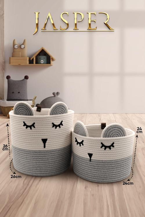 Gri Jüt İp 2'li Panda Tasarımlı Çok Amaçlı Çocuk Odası Oyuncak Kıyafet Kirli Sepeti Organizer