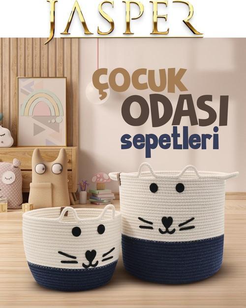 Lacivert İkili Jüt İp Kedi Tasarımlı Çok Amaçlı Çocuk Odası Oyuncak Kıyafet Kirli Sepeti Orga