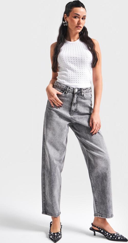 Kadın Gri Renk 4S5-13 Mom Relax Fit %100 Koton Yüksek Bel Denim Jean