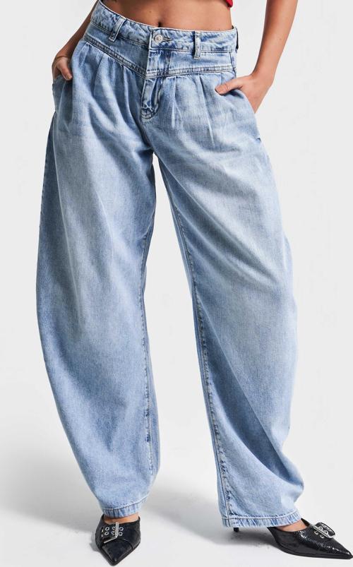 Kadın Mavi Renk 2S5-4 Baggy Fit Pileli %100 Koton Denim Jean