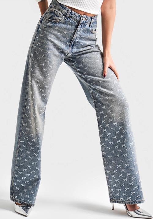 Kadın T.Kot Rengi T-4S5-32 Parlak Fiyonk Taşlı Straight Fit Tasarım Denim Jean