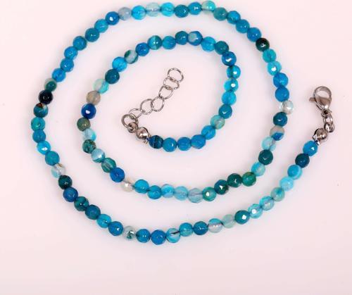 Mavi Renkli Akik Taşı Kolye - Çelik Aparatlı  4 mm Faset Kesim