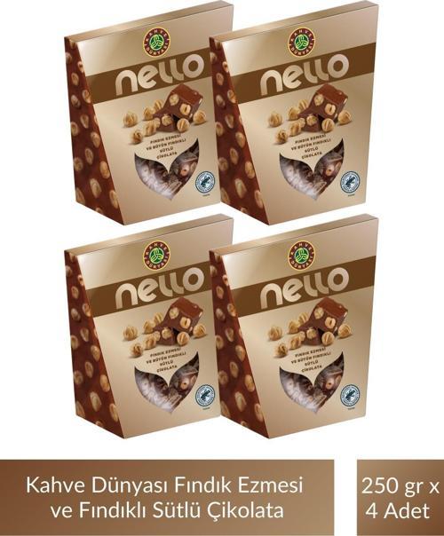 Nello Fındık Ezmesi ve Bütün Fındıklı Sütlü Çikolata 250 gr x 4 Adet