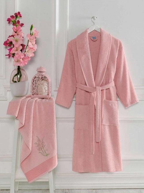 Kadın Havlulu Banyo Bornoz Takımı %100 Pamuklu Pembe