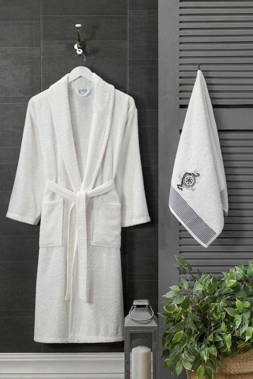 Erkek Havlulu Banyo Bornoz Takımı %100 Pamuklu Beyaz