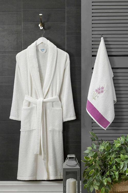 Kadın Havlulu Banyo Bornoz Takımı %100 Pamuklu Beyaz