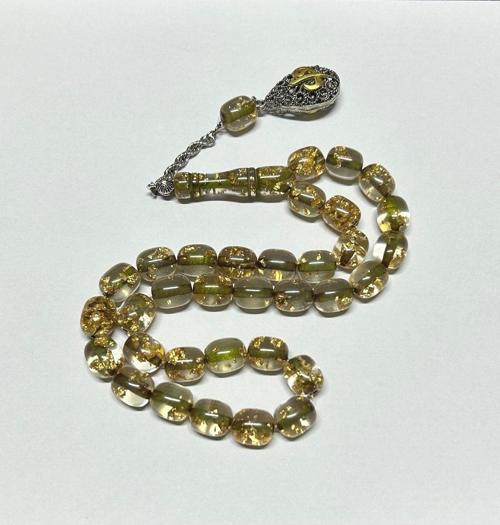 Koyu Yeşik Altın Varaklı Uçak Camı Tesbih