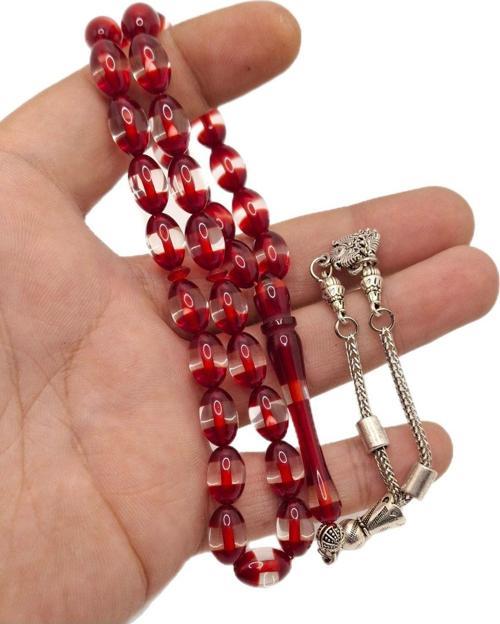 Kırmızı Beyaz Renk Sürmeli Toz Kehribar Tesbih