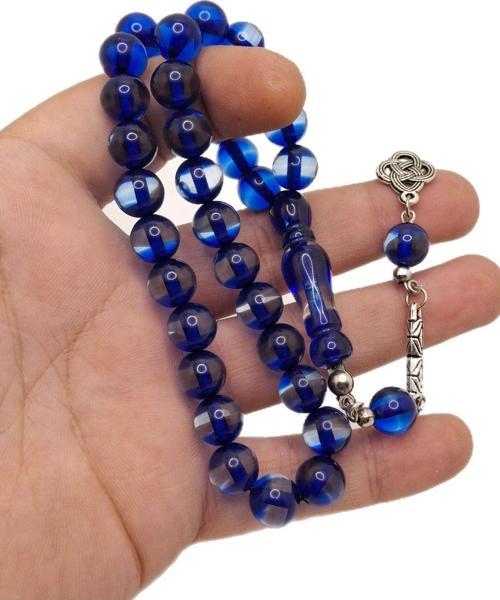 Mavi Beyaz Küre Kesim Sürmeli Toz Kehribar Tesbih