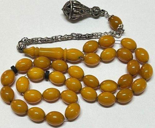 Sarı Beyzi Kesim Hareli Sıkma Kehribar Tesbih