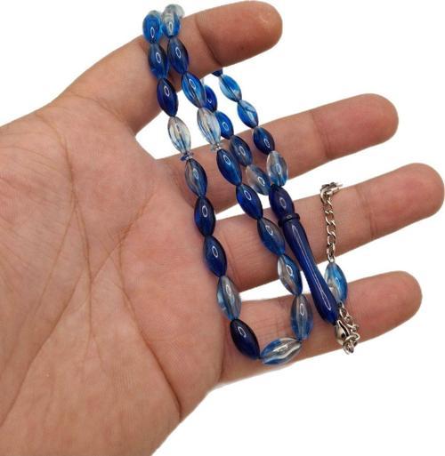 Mavi Şeffaf Püsküllü Toz Kehribar Tesbih