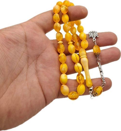 Sarı Renk Beyzi Kesim Toz Kehribar Tesbih