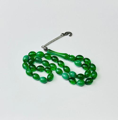 Yeşil Hareli Beyzi Kesim Toz Kehribar Tesbih