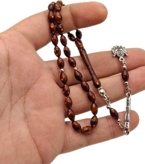 Sarı Desenli Kahverengi Minik Arpa Kesim Toz Kehribar Tesbih