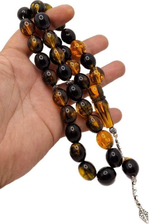 Siyah Turuncu Fıçı Kesim Büyük Boy Toz Kehribar Tesbih