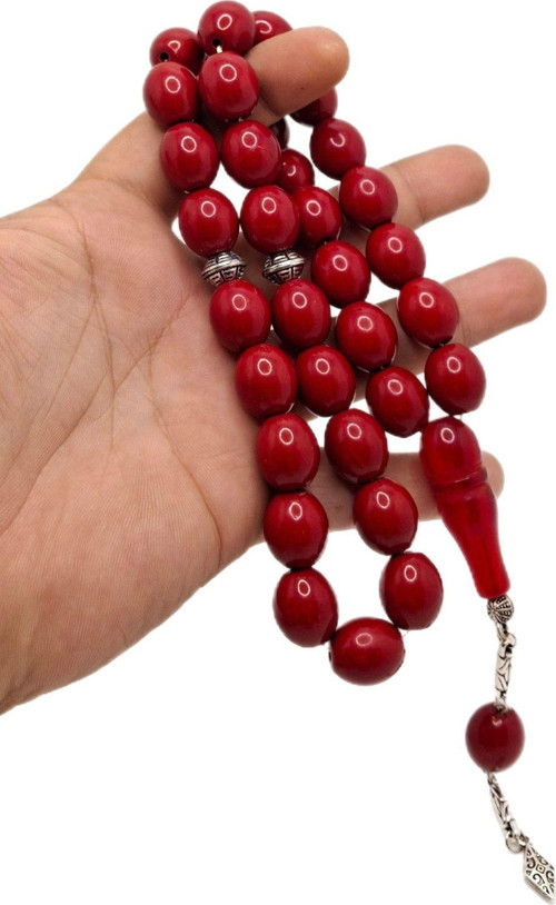 Vişne Renk Fıçı Kesim Büyük Boy Toz Kehribar Tesbih