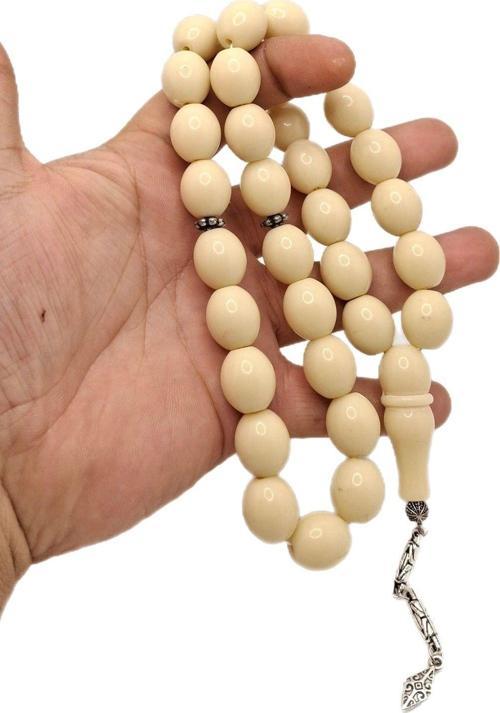 Beyaz Fıçı Kesim Büyük Boy Toz Kehribar Tesbih