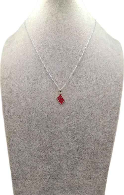 Gümüş Renk Kırmızı Türk Bayrağı Kolye