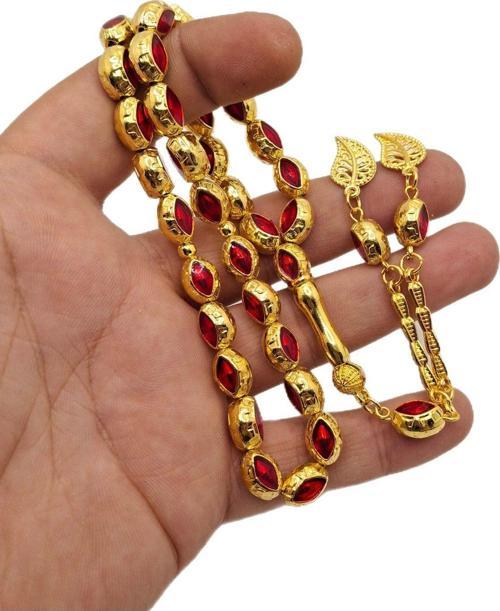 Kırmızı Mineli Altın Benzetme Metal Tesbih